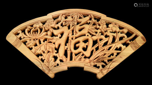 A Chinese Fan Shape Fregrent Camphor Wood Decorative Window Pane Carved with Foo