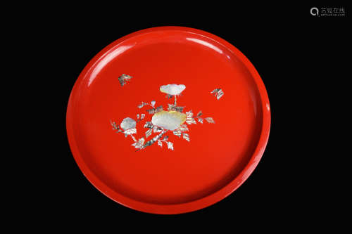 An Korean Red Lacquered Tray with Mother Pearl Inlaid Flowers and Butterfly Pattern
