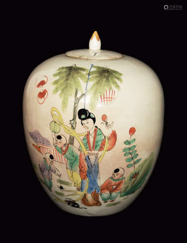 A Republic Era Chinese Famille Rose Porcelain Jar with Portrait of Mother and Childrens