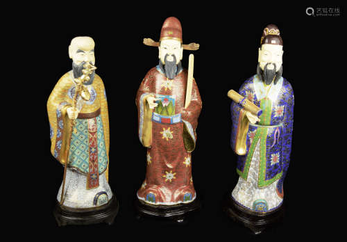 A Set of Three Republic Era Chinese Cloisonee Figurines of Fortune, Prosperity, and Longevity (3 pcs)