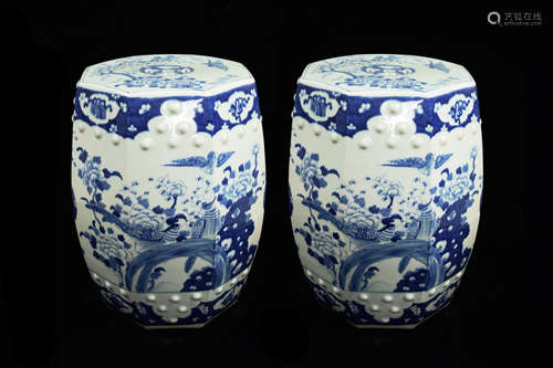 A Pair of Old Blue and White Porcelain Hexagon Drum Stools with Flowers and Birds Pattern