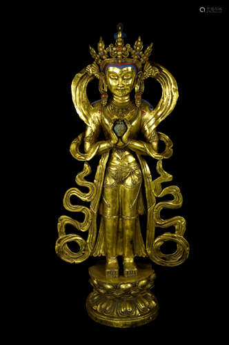 Bronze Gilt Gold Standing Avalokitesvara (Guanyin) Statue