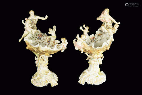 A Pair of German Figural Porcelain Flower Vessels/Ornament
