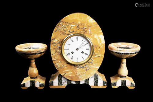 Mid 20th Century French Art Deco Marble Mantel Clock with 2 Marble Candel Sticks