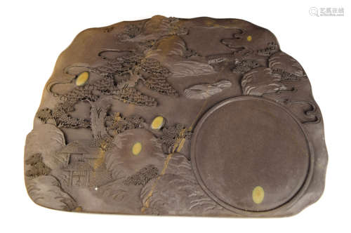 [Chinese] A Large Guangdong Duan Ink Stone with Landscape Carving