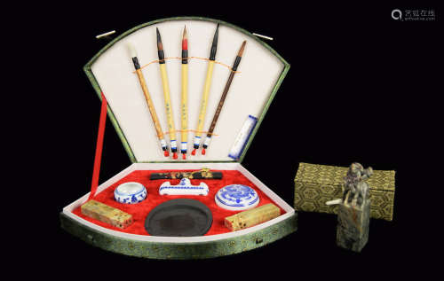 A Chinese Traditional Stationary Set and a Chinese Pagodite (Shoushan) Stone Carved Seal