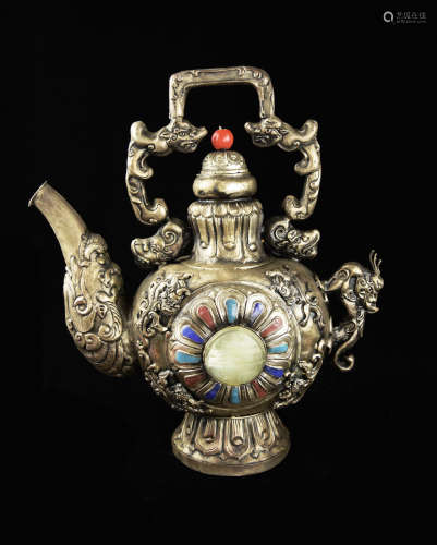 A Chinese Silver Plated Wine Kettle Carved with Beasts and Studded with Old Jade