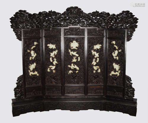 A Large Chinese Old Hardwood Carved Standing Screen Studded with Jade Dragons