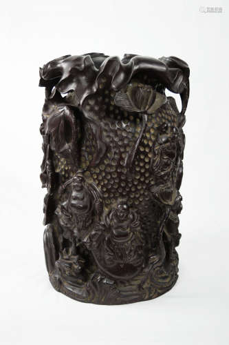 A Chinese Old Hardwood Brush Pot with Carvings of Lotus and the Eighteen Arhats