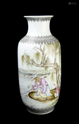[Chinese] A Famille Rose Porcelain Vase with Portrait of Fisherman