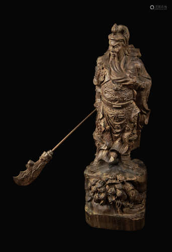 A Chinese Agilawood Carved Guangong Statue