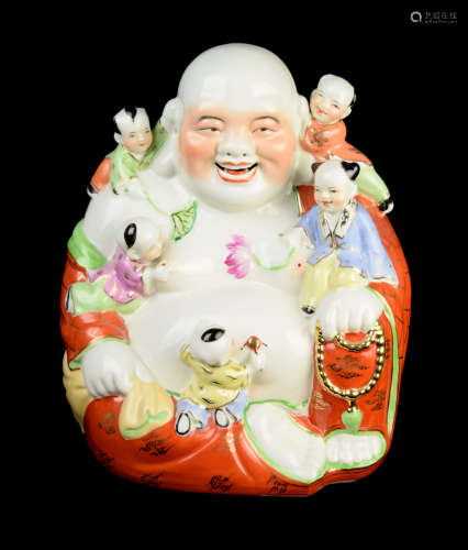 [Chinese] A Famille Rose Porcelain Laughing Buddha with Five Boys