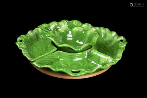 An American California Pottery Green Glazed 5 Piece Section Serving Dish Tray, marked 