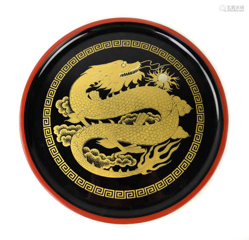 A Japanese Handcrafted Black Lacquered Decorative Plate with Gold Painted Dragon