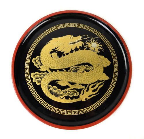 A Japanese Handcrafted Black Lacquered Decorative Plate with Gold Painted Dragon