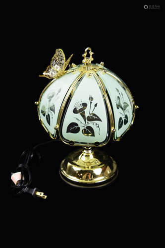 A Night Lamp with Gilt Bronze Frame and Stain Glass Lampshade with Butterfly Décor