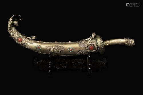 An Old Mongolian Style Ceremonial Machete with Turquoise and Agate Studded Scabbard