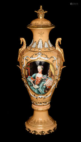 A Continental Gilt Bronze Mounted Sevres Style Tangerine Porcelain Lidded Urn with Ladies Portraits