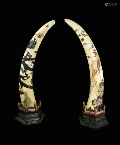 A Pair Bone Chip Sculpted Elephant Tusks Studded with Jades