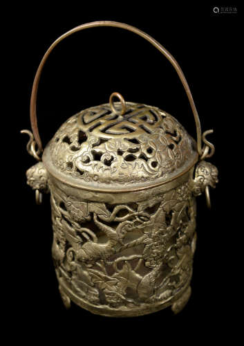 A Chinese Silver Plated Copper Censer with Hollow out Squirrel and Grapes Design