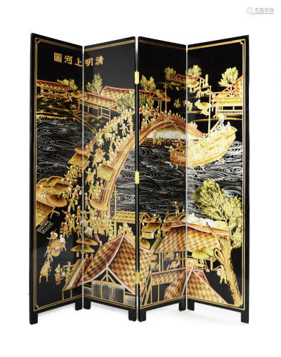 A Chinese Black Lacquer Four Panel Folding Screen with A Portion of the Painting 