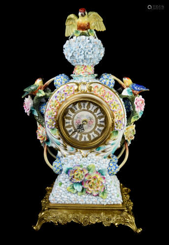 A Continental Porcelain Clock with Flowers and Birds