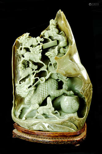 A Large Chinese Hotan Yellow Jade Carved Kirin Ornament