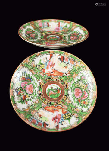 A Pair of Republic Era Chinese Exporting Guangdong Famille Rose Porcelain Plates with Story Portrait