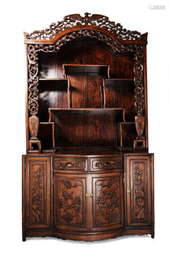A Chinese Old Rosewood Display Cabinet with Carving of Plum Flowers and Birds