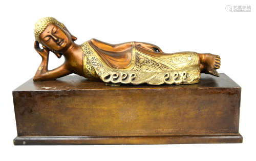 A South East Area Copper Painted Wood Carved Sleeping Buddha Statue
