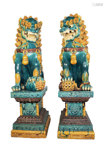 A Pair of Extra Large Glazed Pottery Lion Couple Statue