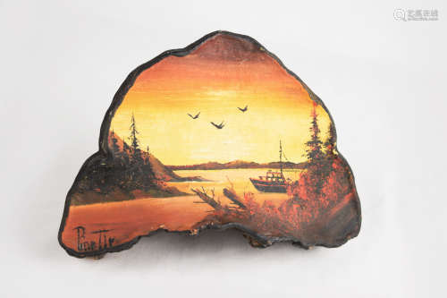 A Vintage Painted Tree Fungus with Ship, signed as 