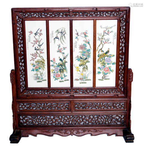 Chinese Famille Rose Porcelain Plaque Screen 