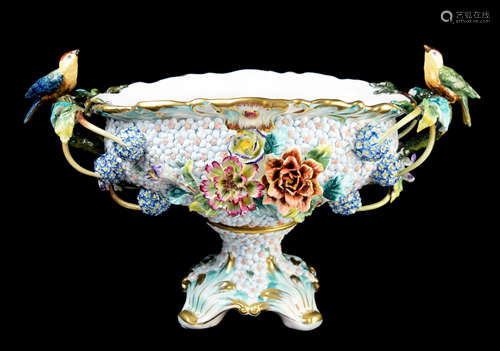 A Continental Porcelain Oval Compote with Flowers and Birds