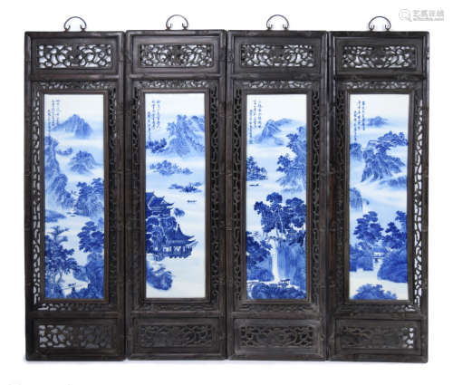 [Chinese] A Set of Blue and White Porcelain Plaque Haning Panels with Landscapes of Four Seasons