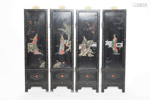 A Set of Old Chinese Black Lacquered Wood Hanging Panels with Paintings of the Four Beauties (4 pcs)