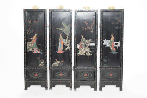 A Set of Old Chinese Black Lacquered Wood Hanging Panels with Paintings of the Four Beauties (4 pcs)