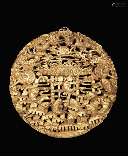 A Republic Era Chinese Gilt Camphor Wood Carved Hanging Panel with Fish and Dragon