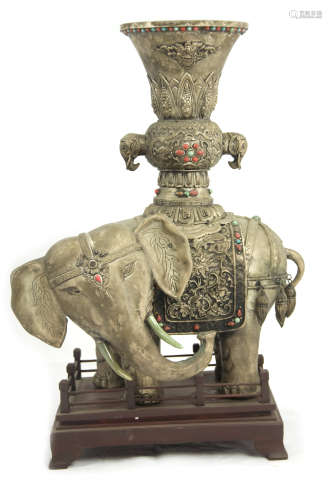 19 Century Sliver Elephant with Gemstone Vase