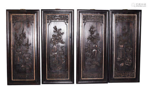 A Set of Chinese Fregrant Camphor Wood Embossed Hanging Panels with Four Season Flowers Carving