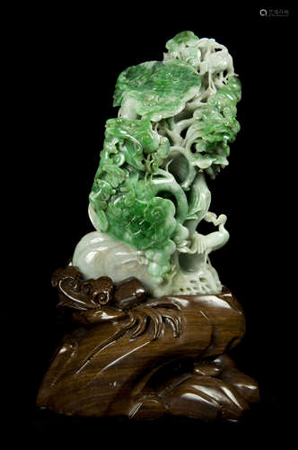 A Chinese Jadeite Carved Ornament with Cranes and Bats