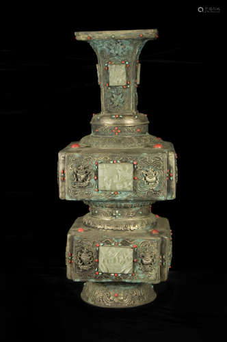 A 19th Century Silver Squared Vases with Coral and Turquoise