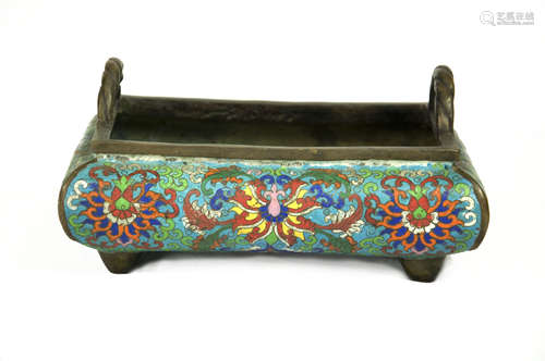 An Old Cloisonné Enamel Rectangular Incense Burner with Intertwined Florals, marked as 