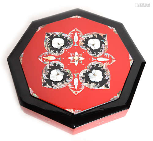 A Korean Black and Red Lacquered Fruit and Snack Section Tray Studded with Mother Pearls and Shells