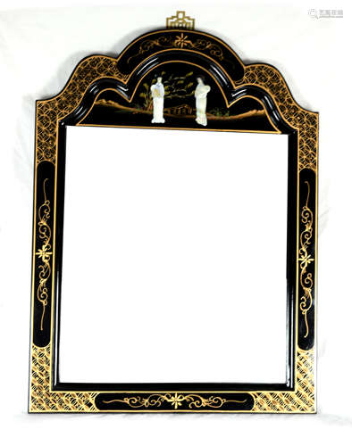 A Black Lacquer Framed Mirror Studded with Mother Pearl Carved Ladies