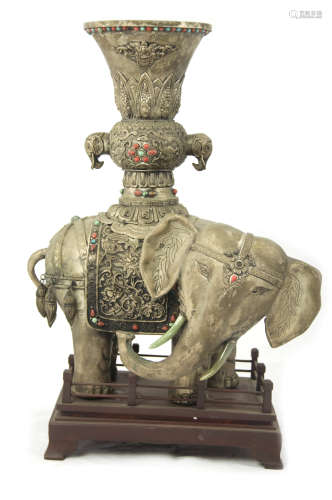 19th Century Sliver Elephant with Gemstone Vase
