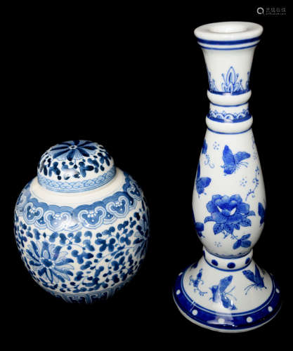 A Chinese Blue and White Porcelain General Jar with Interlocking Lotus and a Chinese Blue and White Porcelain Candle Stick with Butterfly Patterns