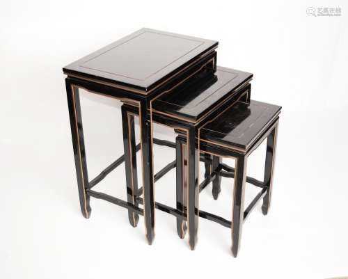 A Republic Era Chinese Black Lacquered Set Tables of Three with Gilt Edge