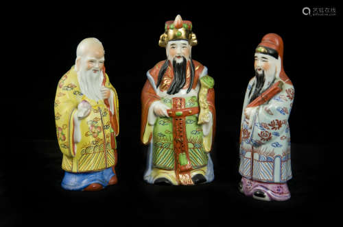Chinese Famille-rose Fortune, Prosperity, and Longevity Figurine