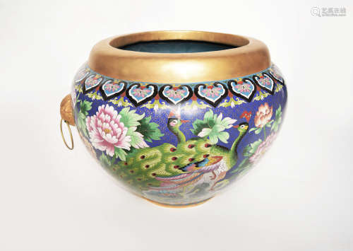 A Chinese Indigo Ground Cloisonne Urn with Handles and Painted with Peacocks and Peony